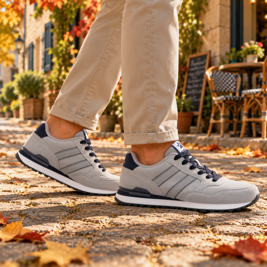 Baskets homme grises vues de profil, semelle blanche et bandes latérales contrastées