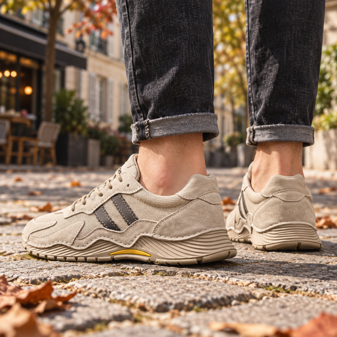 Baskets beige homme vues de profil avec semelle nervurée et détail jaune