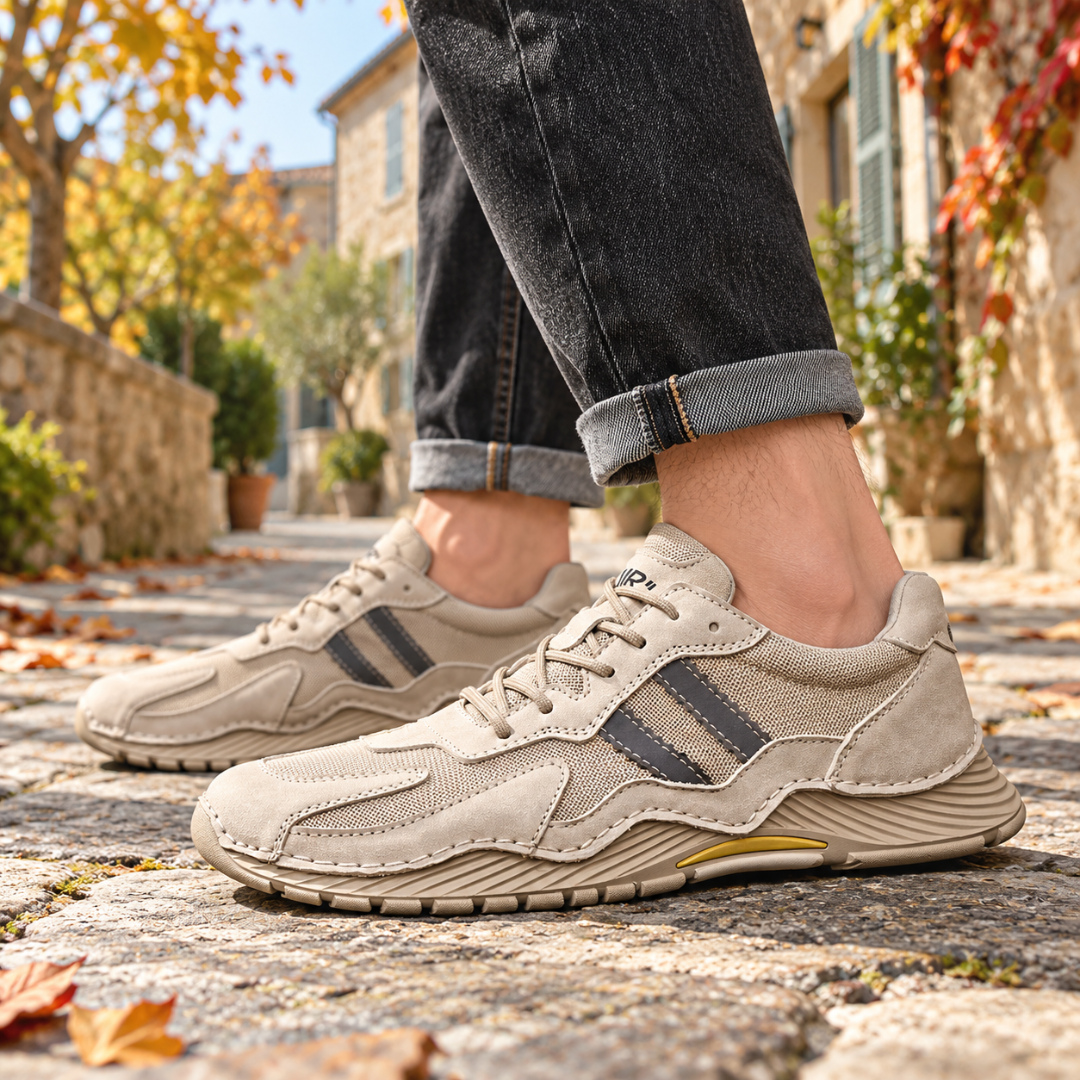 Paire de baskets homme beige à lacets et empiècements effet daim sur pavés