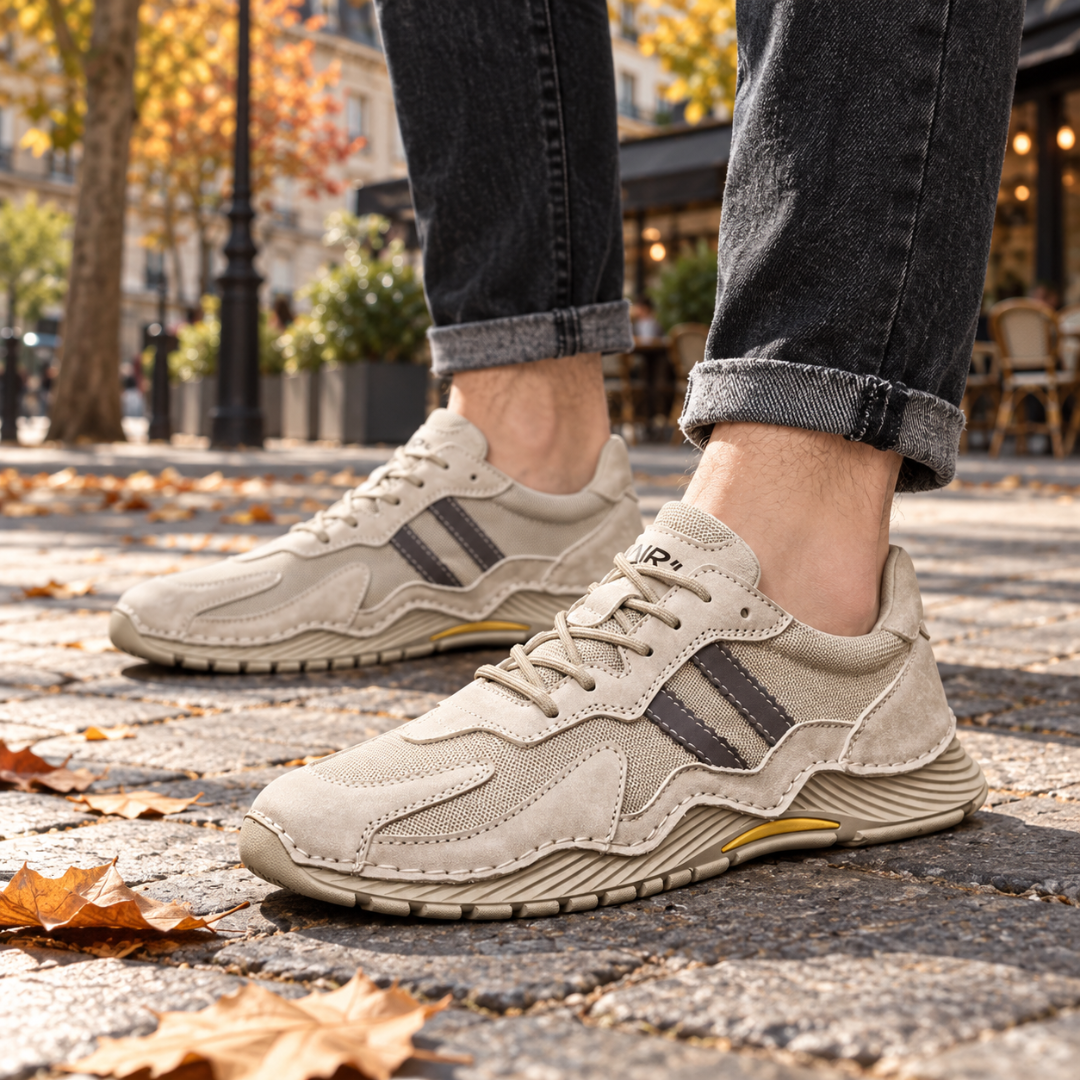 Baskets homme beige à bout rond et bandes contrastées sur le côté