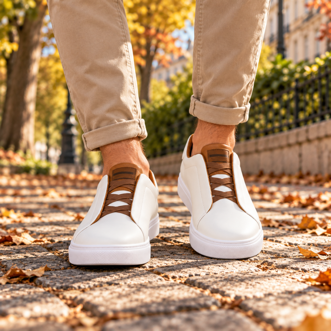 Baskets homme blanches à lacets élastiques marron portées avec un chino beige retroussé