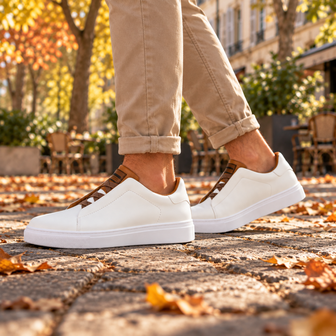Baskets homme blanches de profil avec col contrasté marron et semelle blanche unie