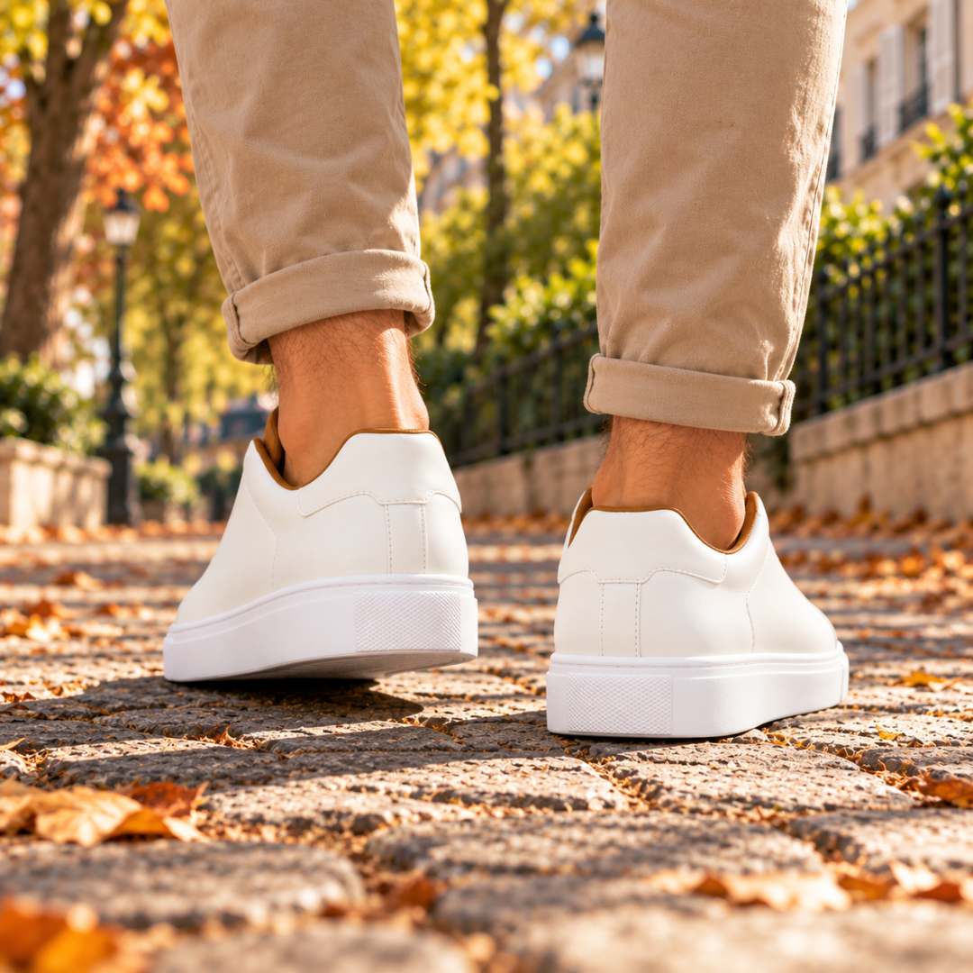 Baskets homme blanches vues de dos, talon contrasté marron et surpiqûres verticales