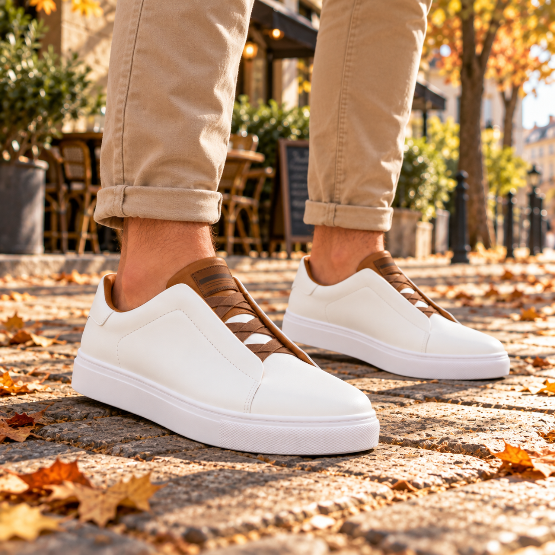 Baskets homme blanches à lacets élastiques croisés, bout arrondi et semelle blanche