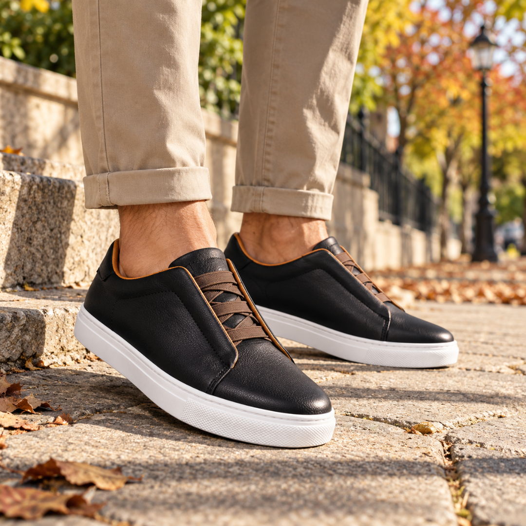 Baskets homme noires à lacets élastiques marron, liseré contrasté et semelle blanche