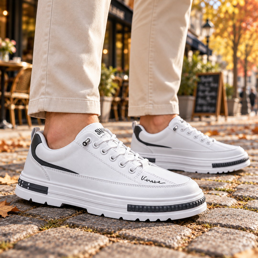 Basket homme blanche vue latérale, signature imprimée et œillets métalliques sur la tige