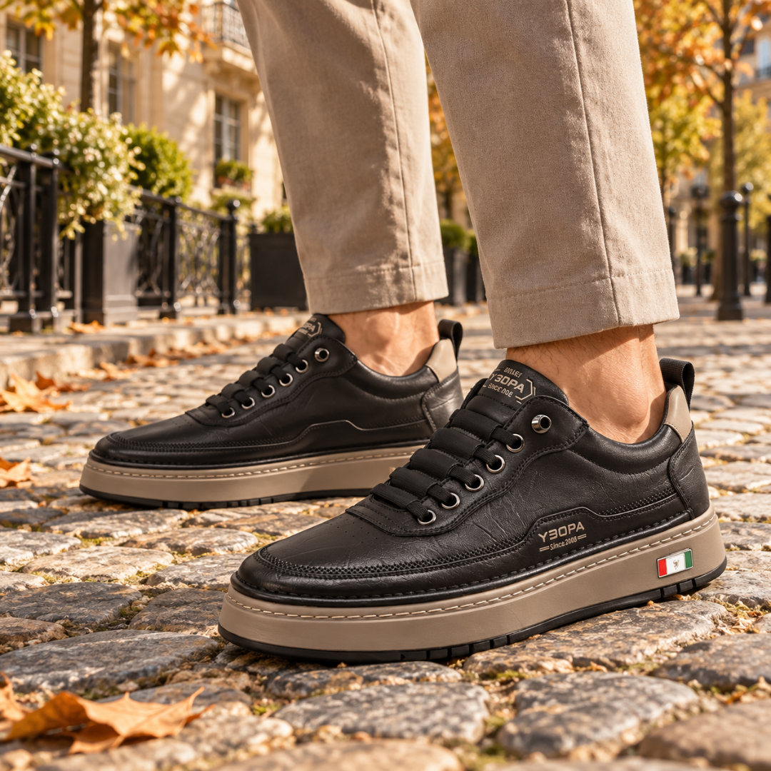 Baskets homme noires à lacets, semelle épaisse claire et empiècement contrasté au talon