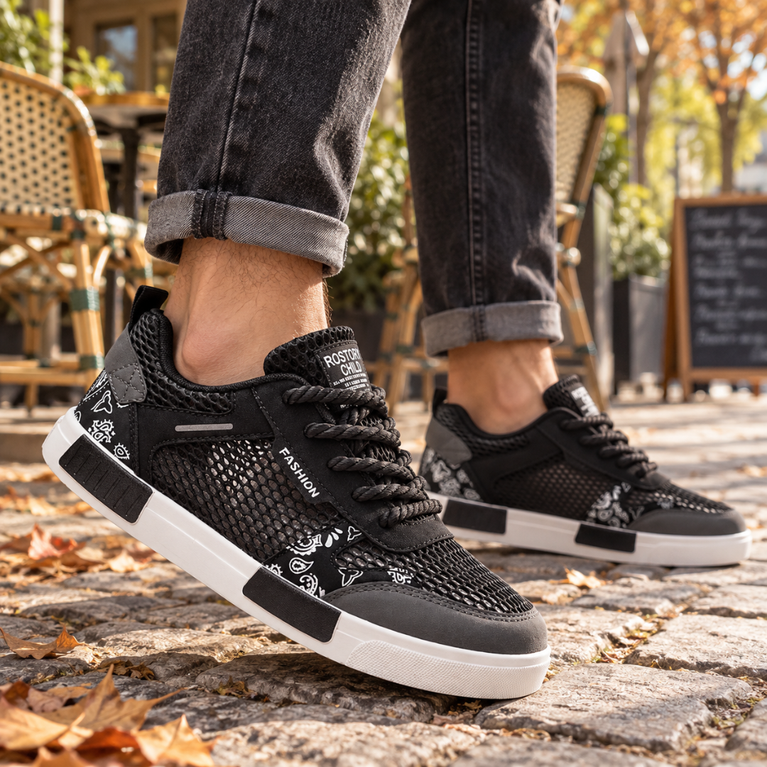Baskets homme noires à tige ajourée et motifs bandana contrastés