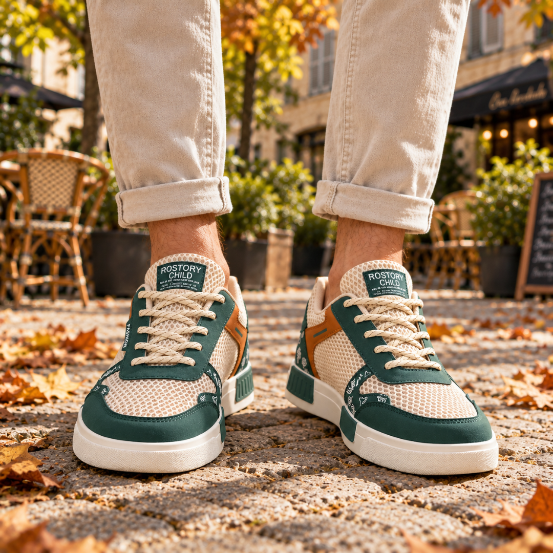 Baskets homme vertes à lacets ronds portées avec un pantalon clair retroussé