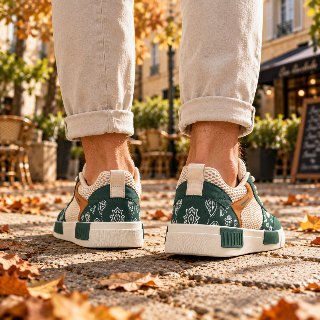 Arrière des baskets vertes montrant les motifs bandana et la languette de tirage