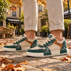 Baskets homme vertes de profil avec empiècements contrastés et semelle épaisse