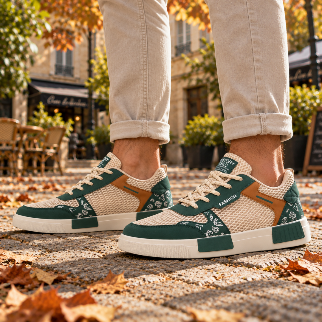 Baskets homme vertes de profil avec empiècements contrastés et semelle épaisse