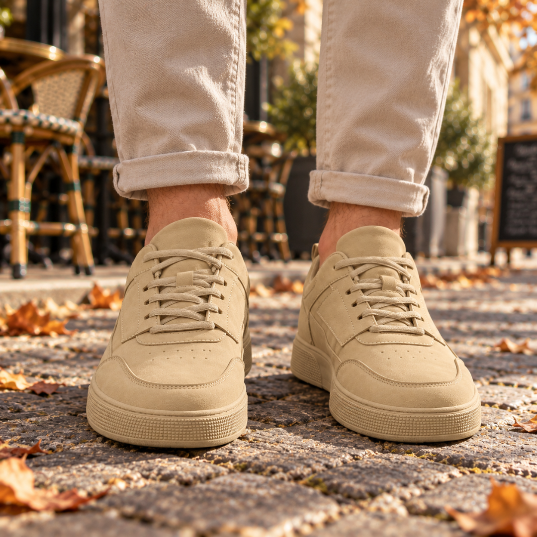 Baskets homme basses beige vues de face avec laçage ton sur ton et perforations