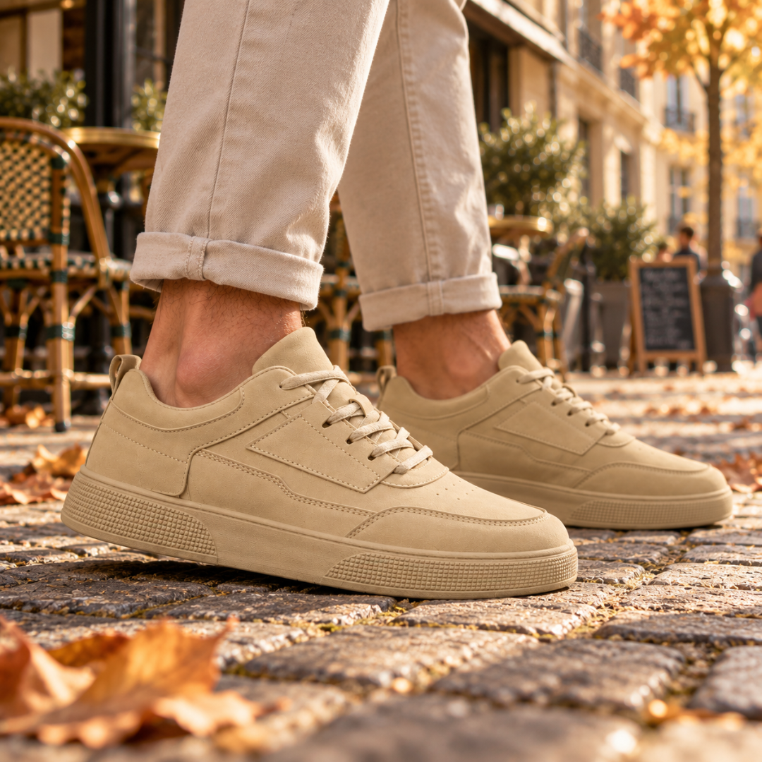 Baskets basses beige de profil, empiècement latéral en chevron et semelle texturée