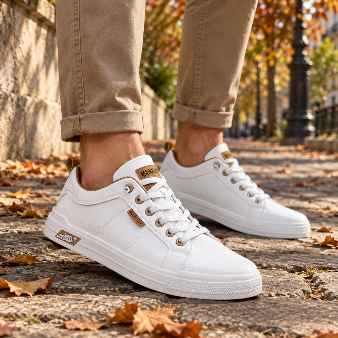 Baskets homme basses blanches à détails kaki et étiquette cousue, lacets blancs