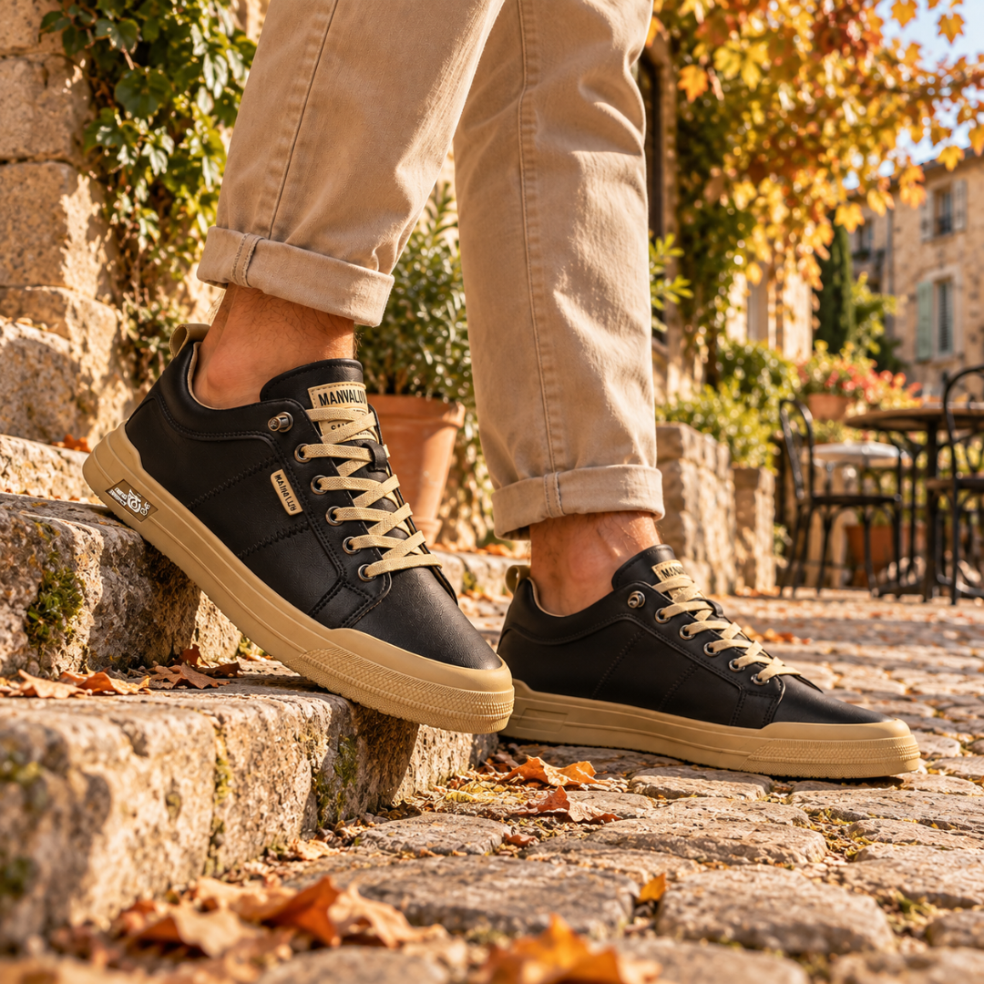Baskets basses noires à œillets métalliques et bout arrondi, portées sur une marche