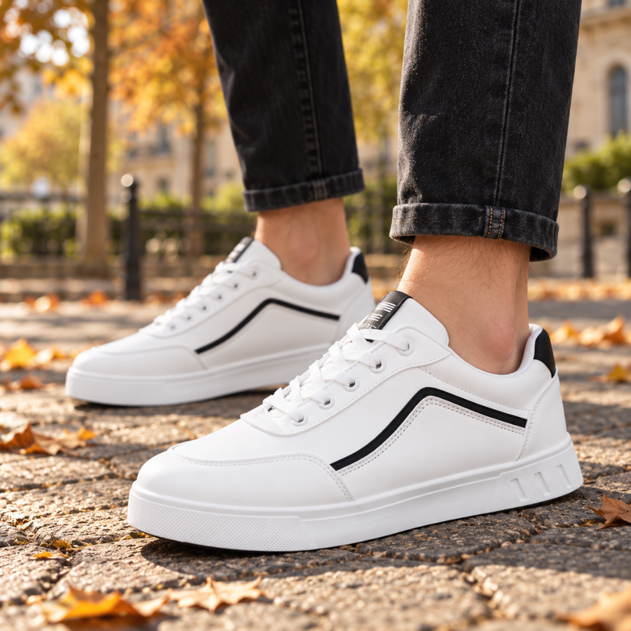 Baskets homme blanches à bande noire latérale portées avec un pantalon foncé