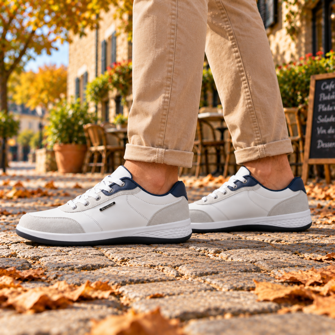 Baskets homme blanches portées avec chino beige, lacets blancs et œillets métalliques