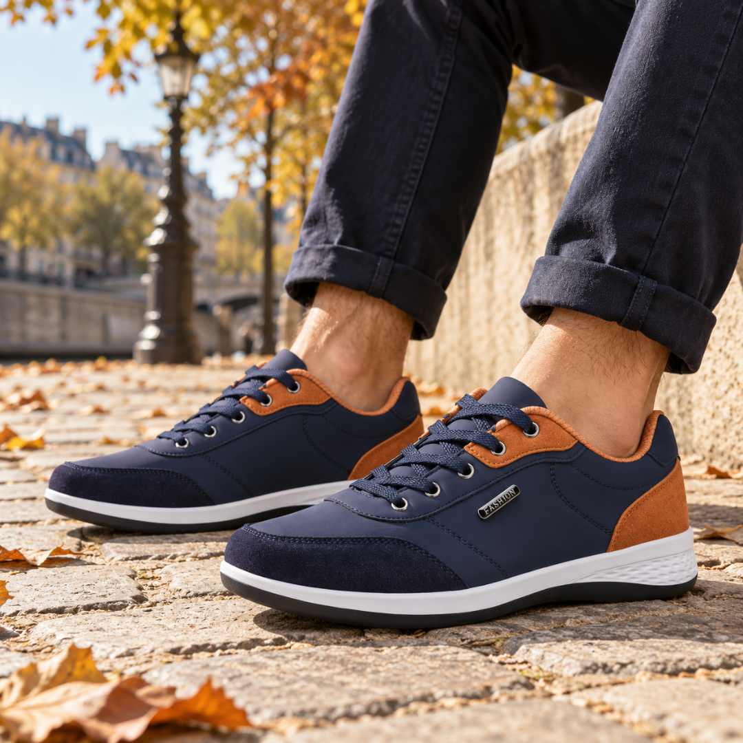 Baskets homme bleu marine à lacets avec empiècements marron et plaque latérale