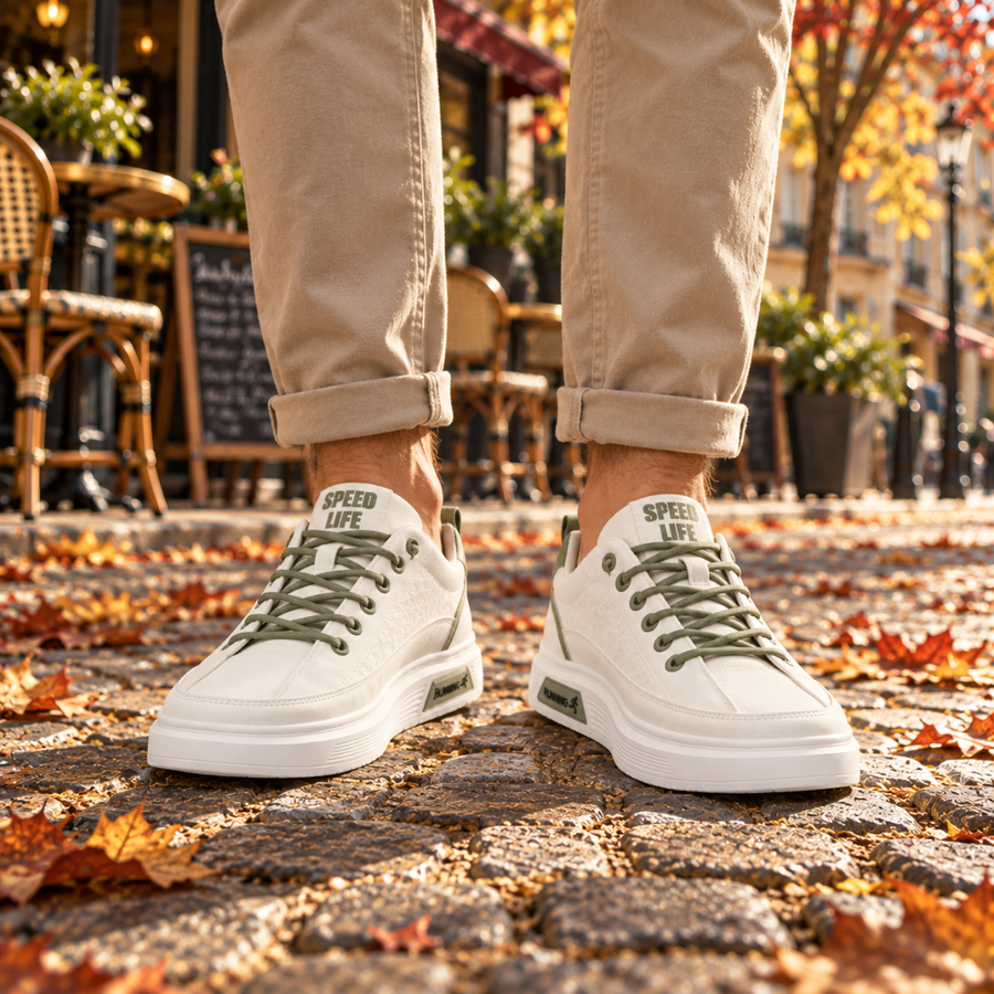 Baskets homme blanches à lacets vert clair portées avec un chino beige retroussé