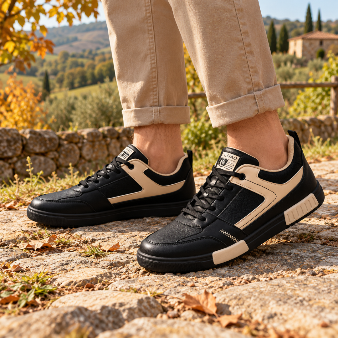Baskets homme noires à empiècements beiges, lacets noirs et semelle contrastée