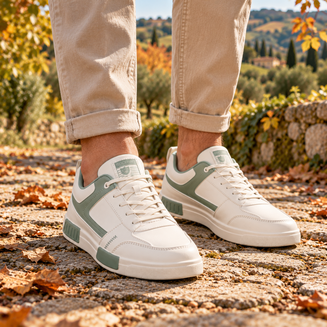 Baskets homme vertes et blanches à lacets, empiècements color block et bout rond