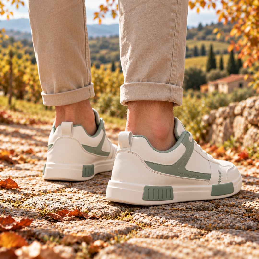 Arrière des baskets homme vertes avec patte de tirage au talon et semelle à blocs