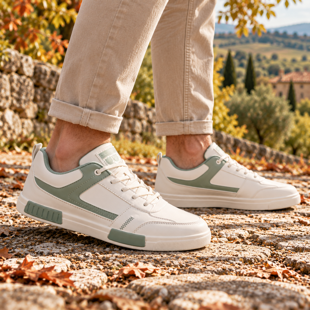 Baskets homme vertes basses portées avec un pantalon beige retroussé, semelle contrastée