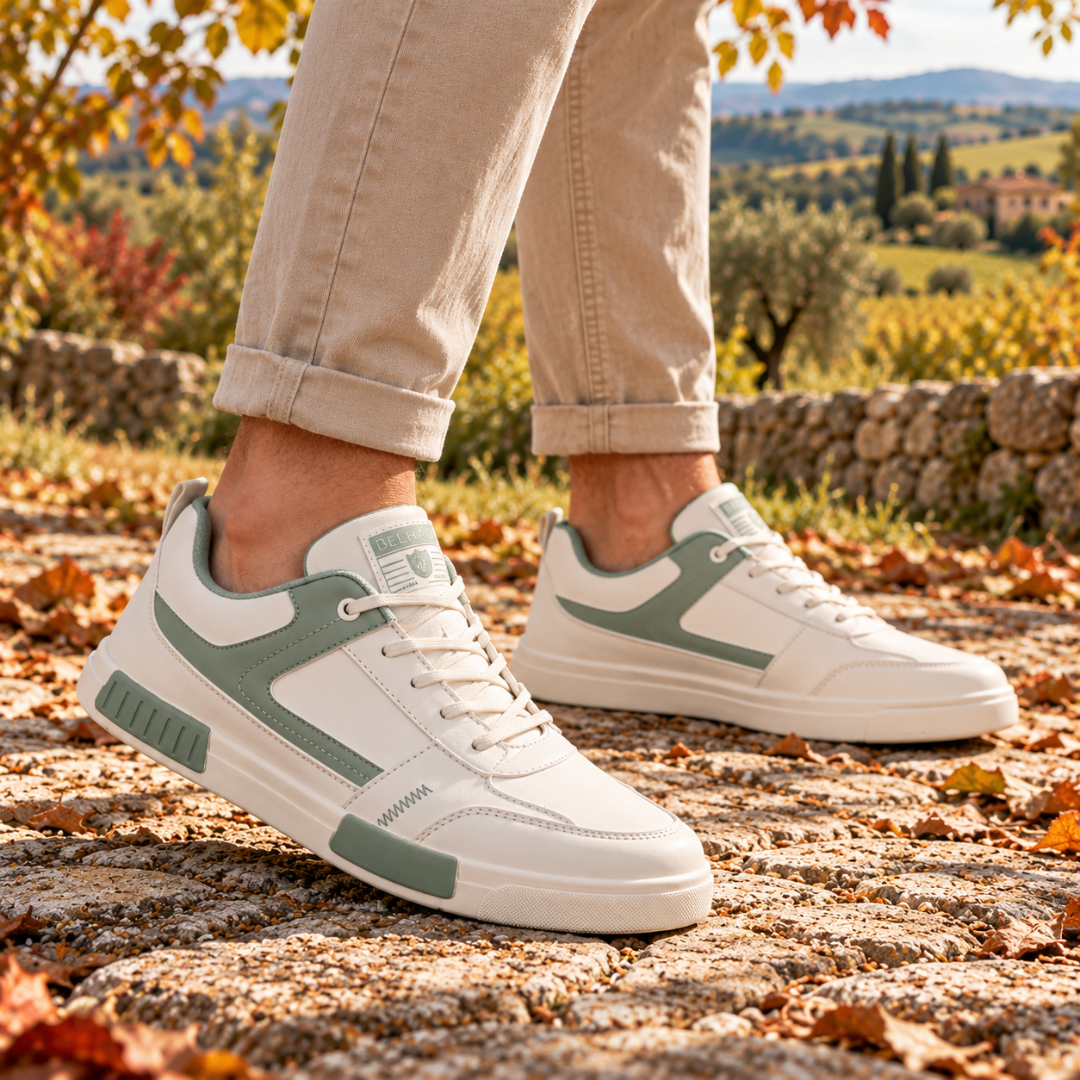 Vue de côté des baskets homme vertes à empiècements contrastés et surpiqûre zigzag