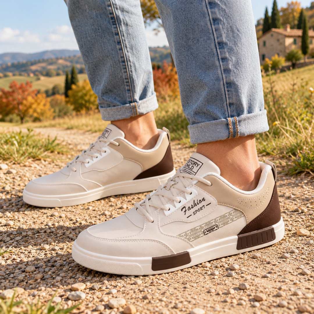 Baskets homme blanches à lacets avec empiècements marron et motif graphique latéral