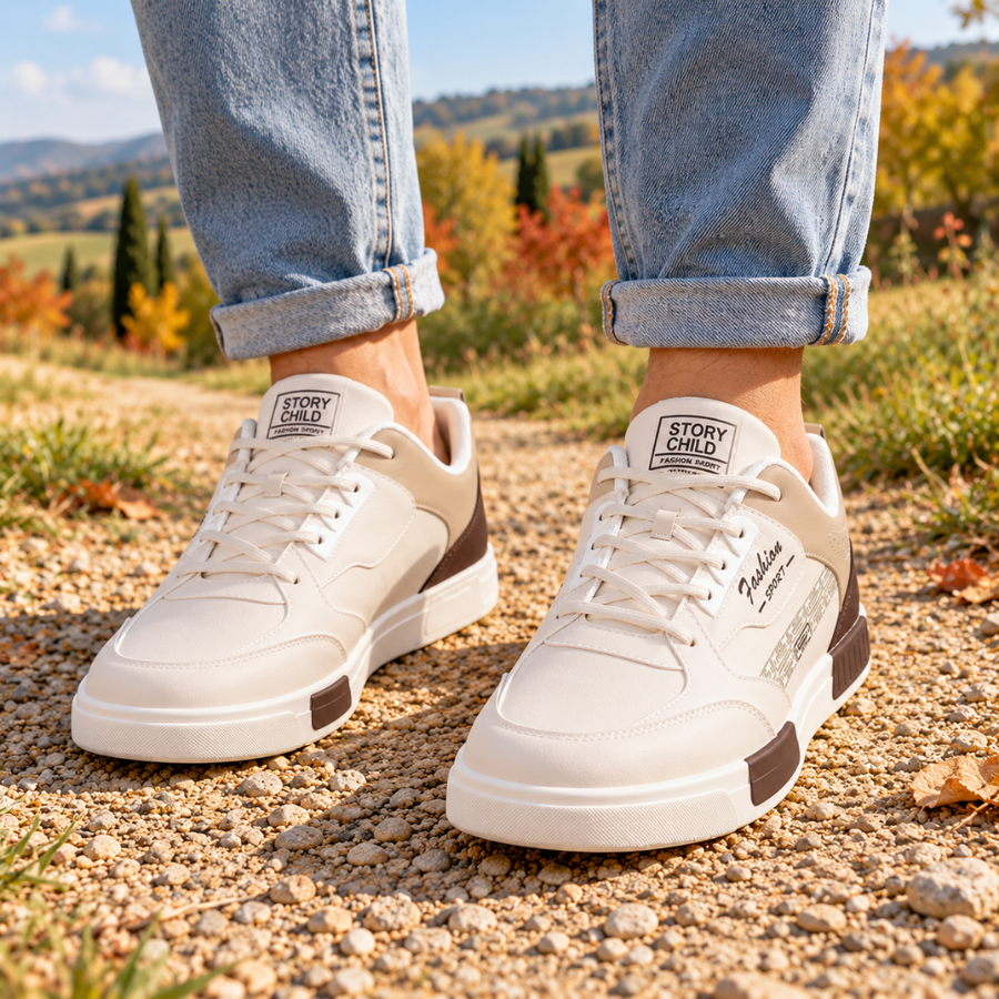 Paire de baskets blanches homme vue de face avec languette à étiquette imprimée