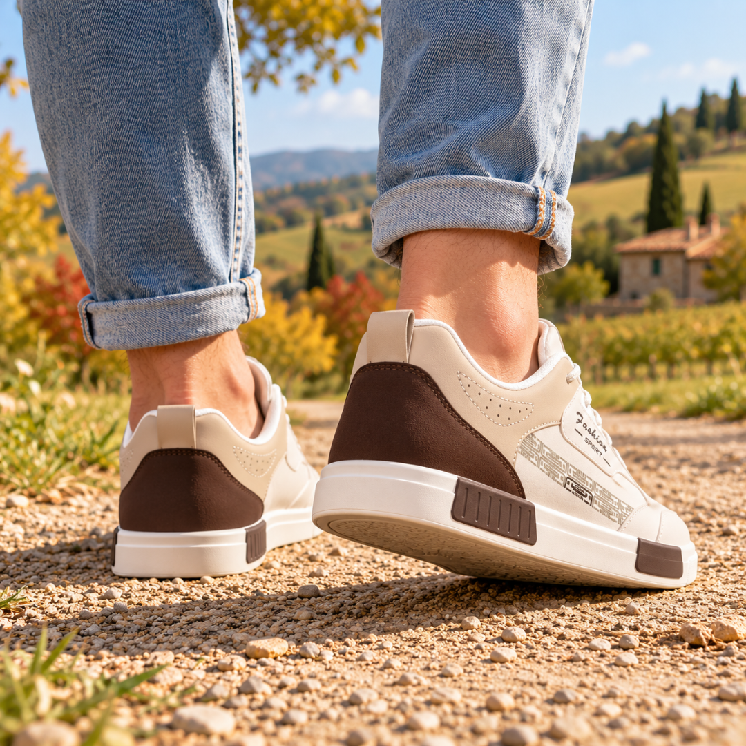 Baskets blanches homme vues de dos, talon contrasté marron et semelle épaisse