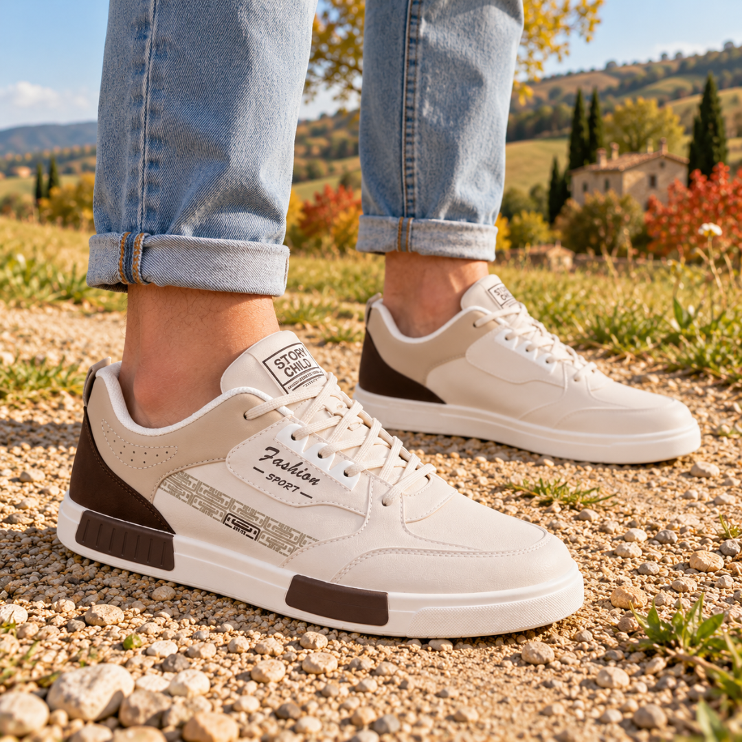 Baskets basses blanches homme portées avec un pantalon retroussé, motif graphique sur le côté