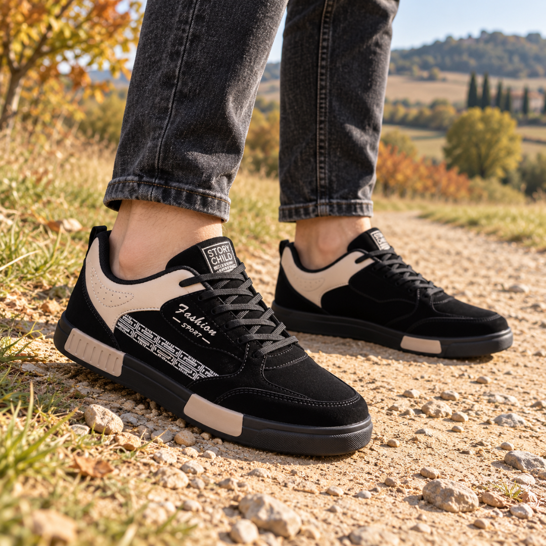Baskets noires homme avec empiècements beiges, lacets noirs et semelle noire