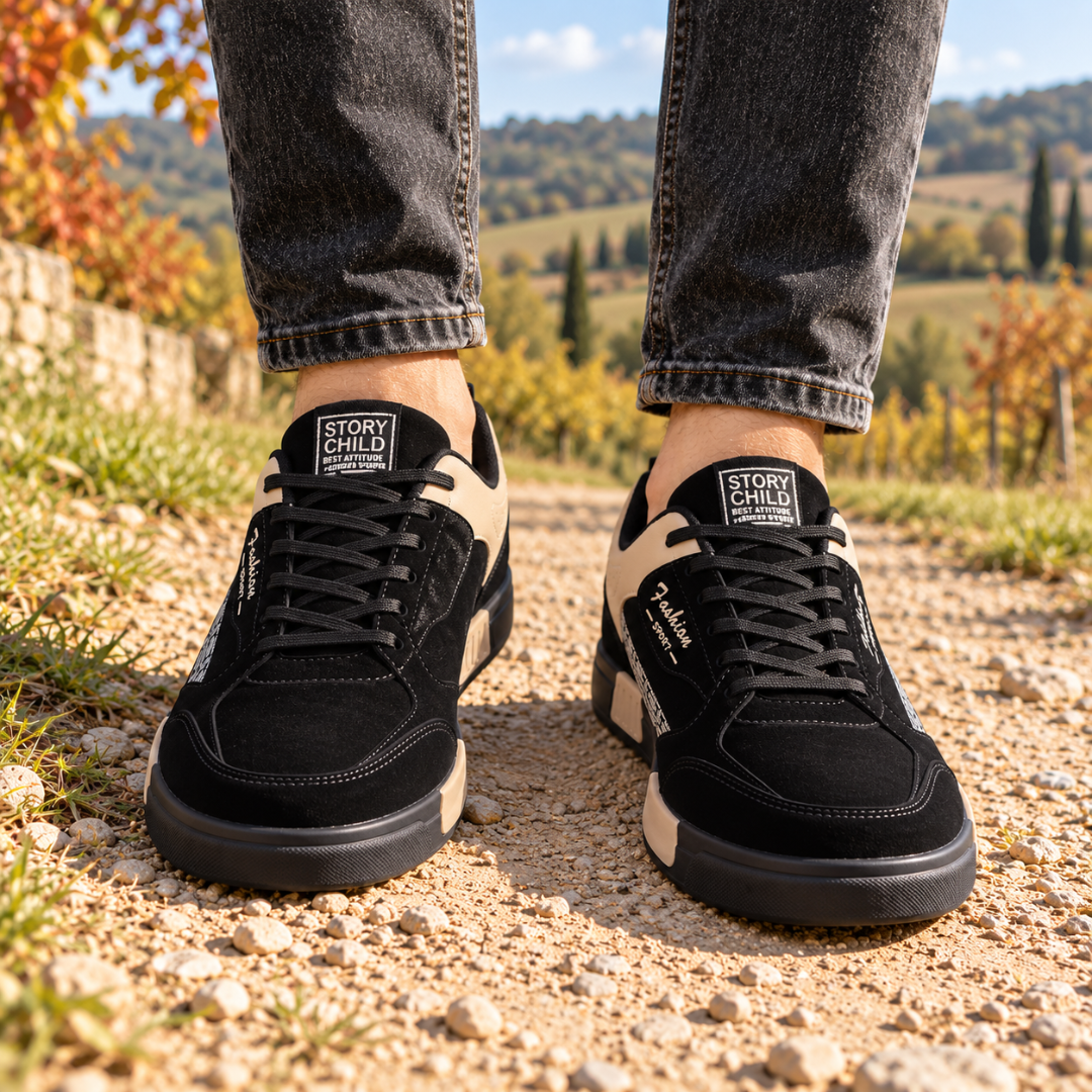 Baskets homme noires à lacets vues de face, empiècements beiges sur le côté