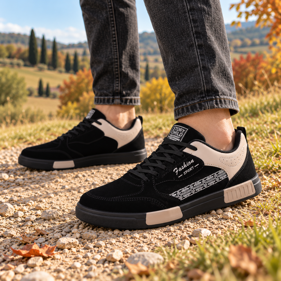 Baskets basses noires homme à motif graphique imprimé et blocs beiges sur la semelle