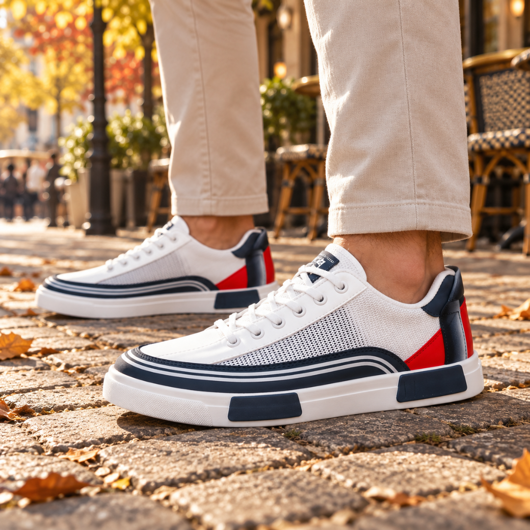 Paire de baskets homme bleues avec contrefort rouge, vue trois quarts avant