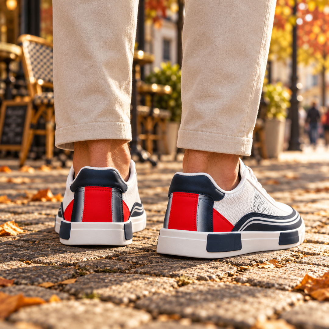 Baskets homme bleues vues de dos, contreforts rouges et blocs de couleur