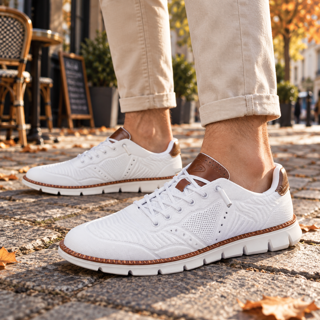 Baskets homme blanches en maille ajourée avec empiècement contrasté au talon