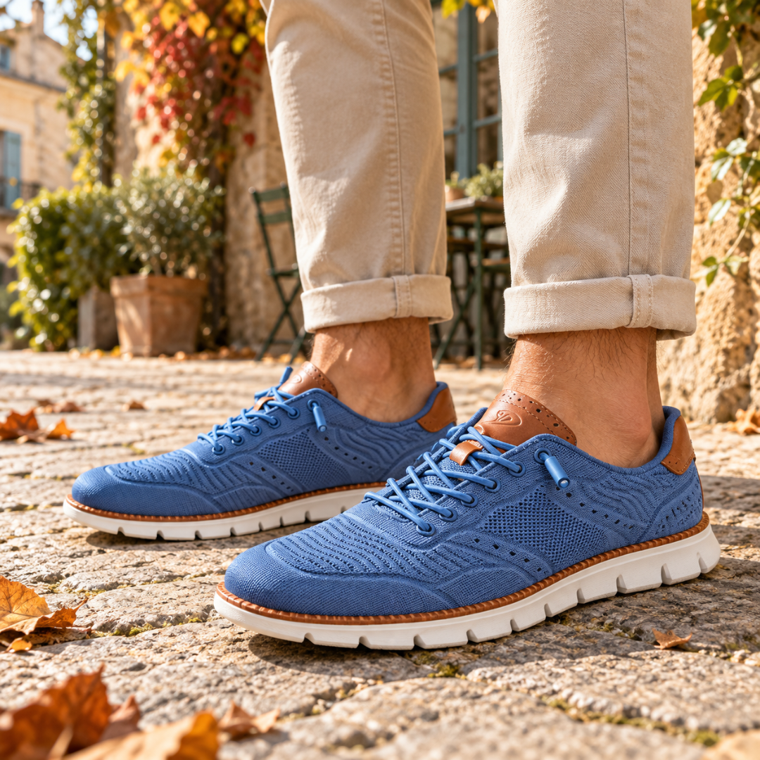 Baskets homme bleues en maille perforée avec semelle blanche à crans
