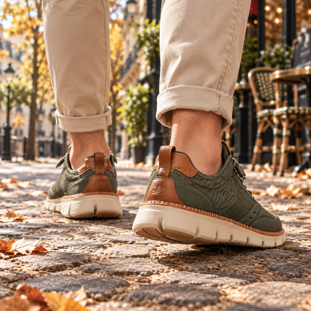 Arrière des baskets homme vertes avec talon contrasté et tirette de maintien