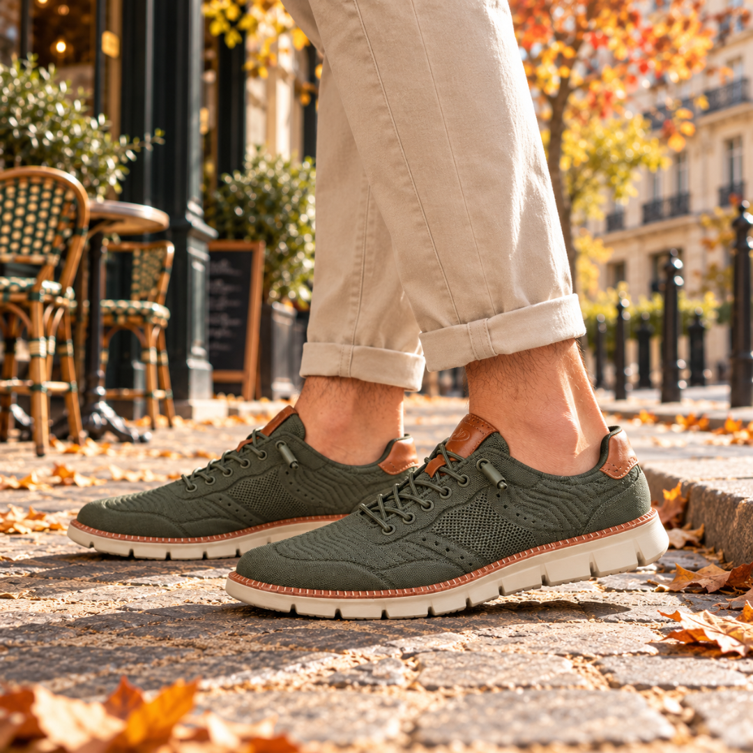 Paire de baskets vertes en maille perforée portée avec un chino beige retroussé