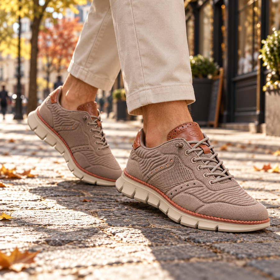 Baskets homme en maille kaki portées en ville, talon marron contrasté et semelle blanche
