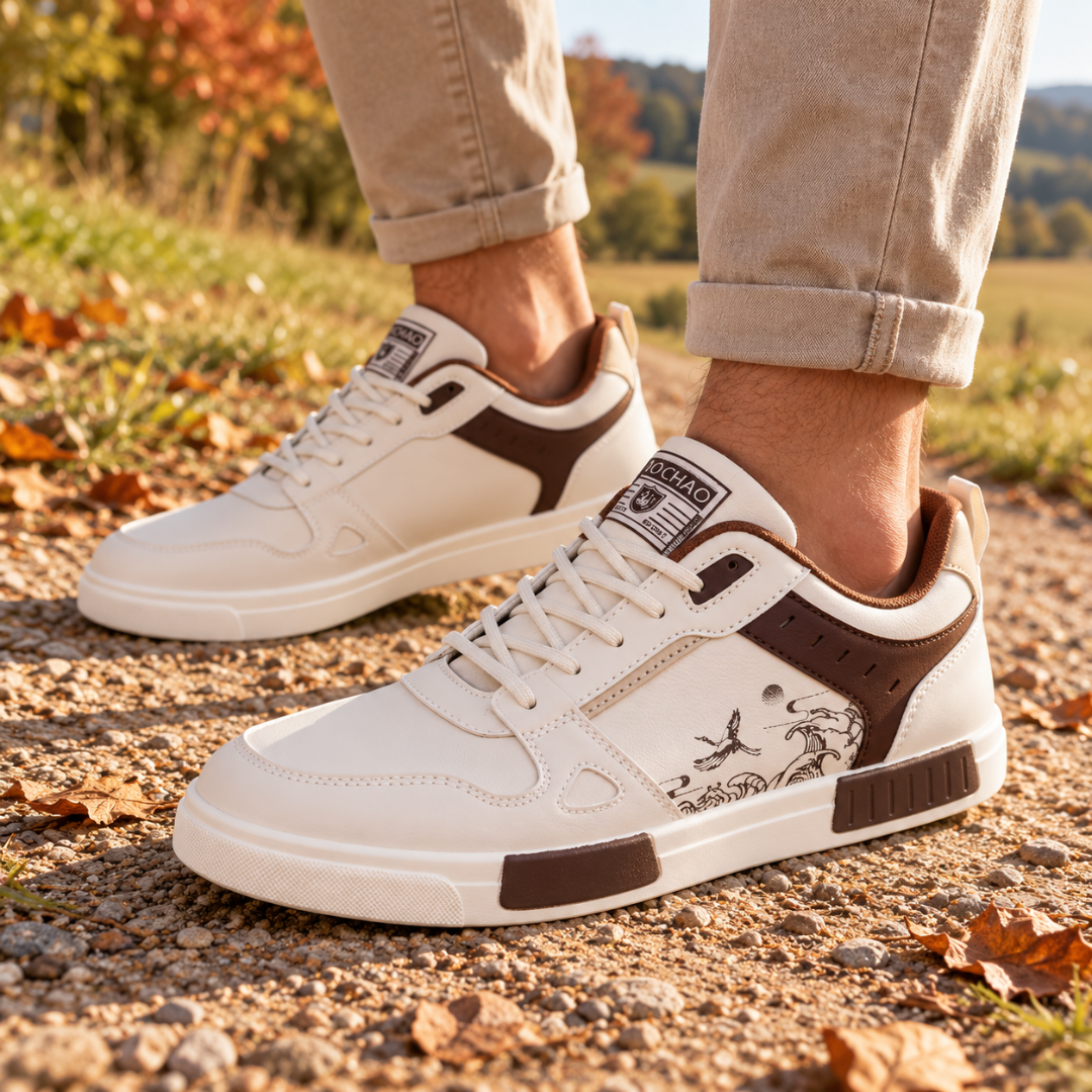 Paire de baskets blanches à lacets avec patte logo et blocs bruns sur la semelle