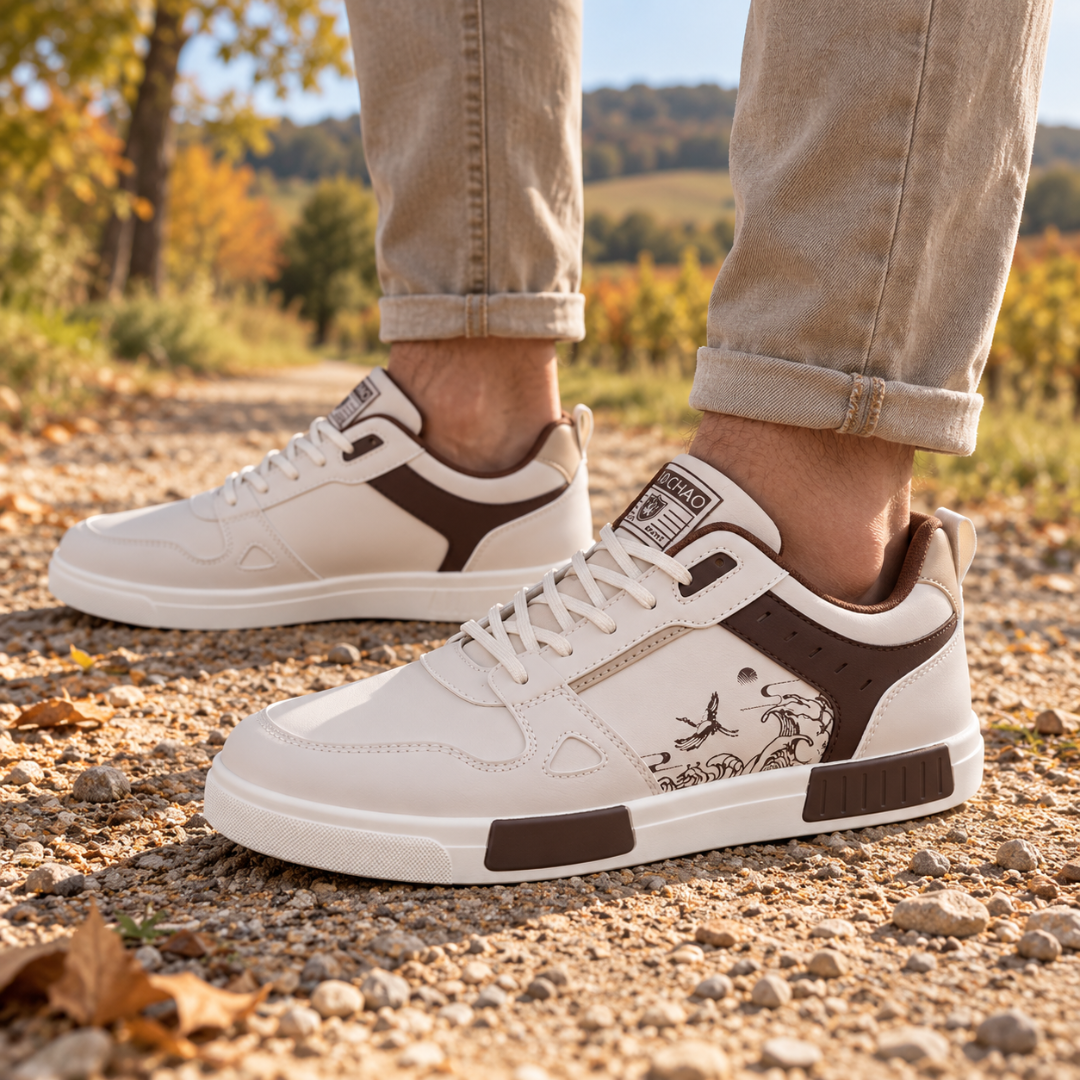 Baskets basses blanches portées avec chino beige, imprimé vagues sur le côté
