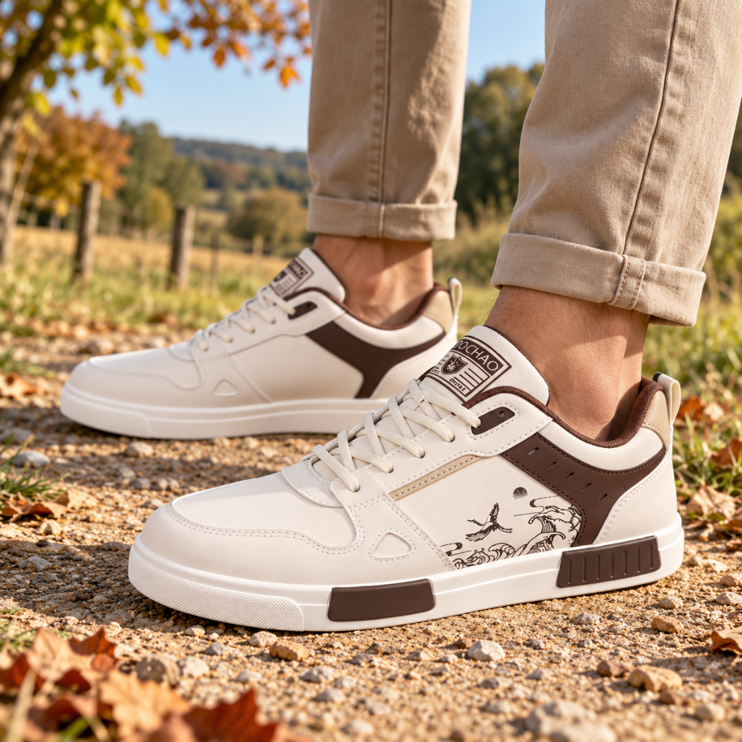 Gros plan sur baskets homme blanches à empiècements bruns et perforations latérales