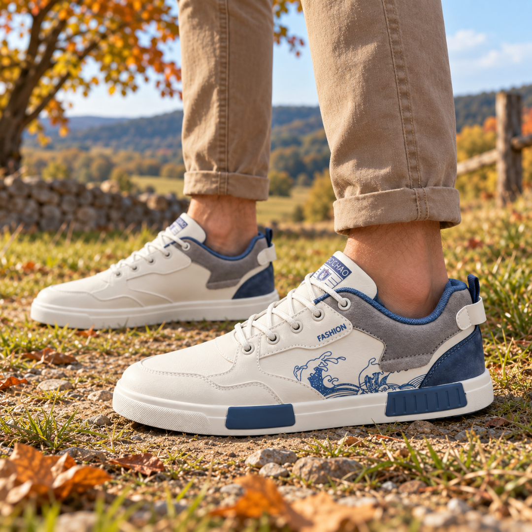 Baskets basses blanches portées avec un chino, empiècements gris et bleu visibles
