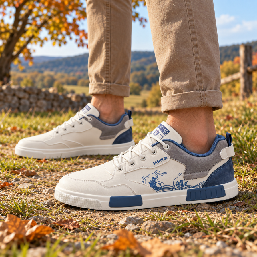 Baskets basses blanches portées avec un chino, empiècements gris et bleu visibles