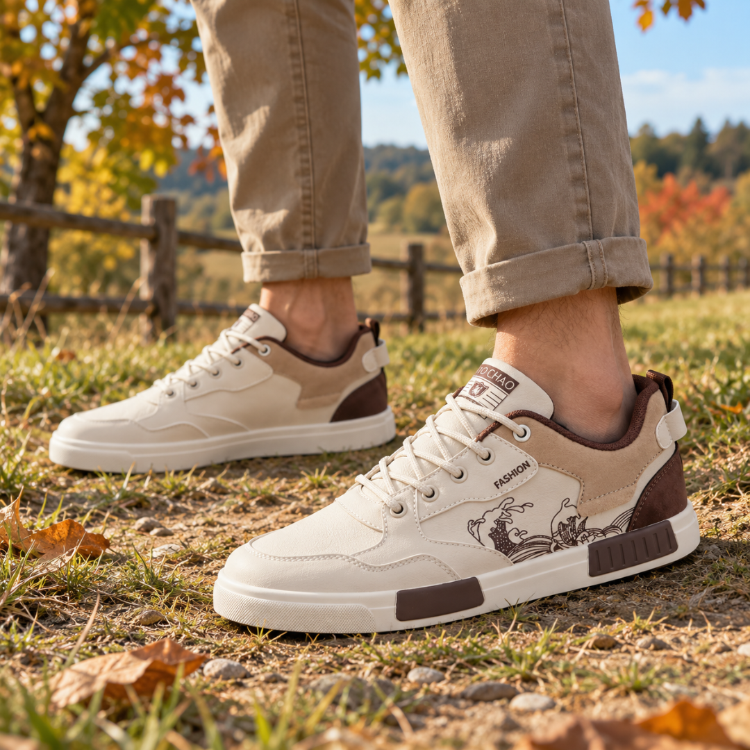 Baskets homme marron et beige avec imprimé vague et blocs bruns sur la semelle