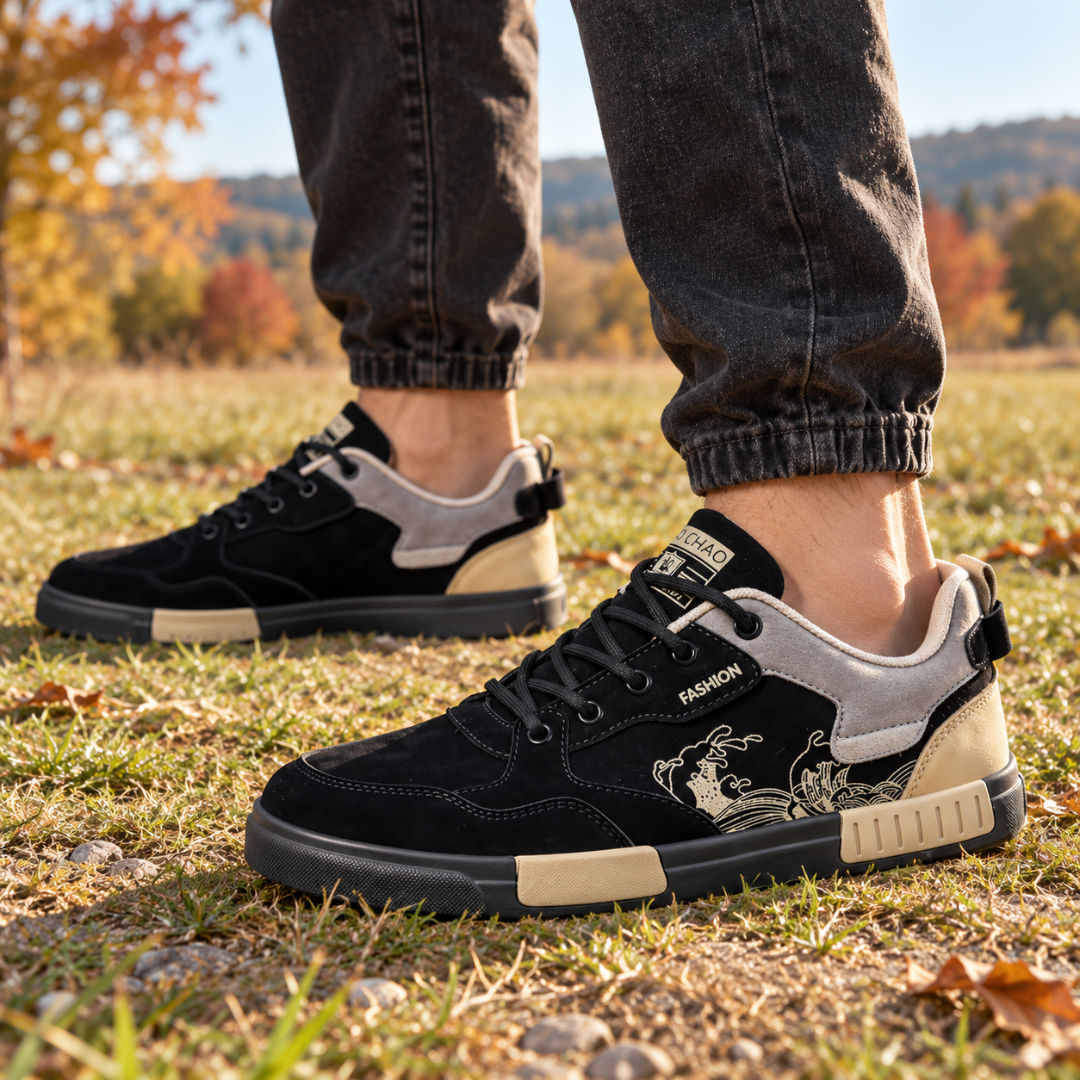 Baskets homme noires à lacets avec empiècements gris et beige et imprimé vague